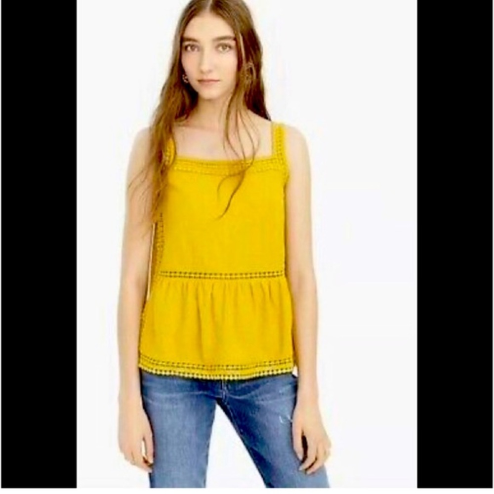 J Crew Embroidered Yellow Trim Tank Top In Textured Crepe Size XXS
